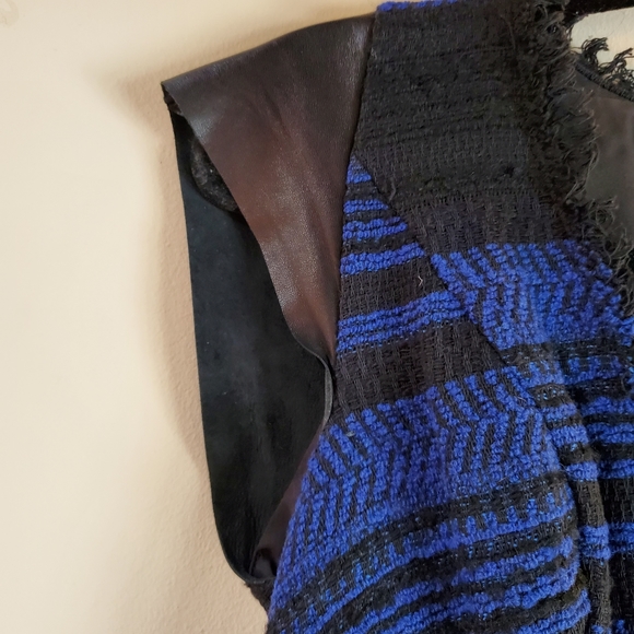 Rebecca Taylor Blue and Black Textured Dress with Leather Sleeves - Size 4 - Picture 2 of 5